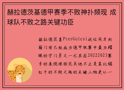 赫拉德茨基德甲赛季不败神扑频现 成球队不败之路关键功臣